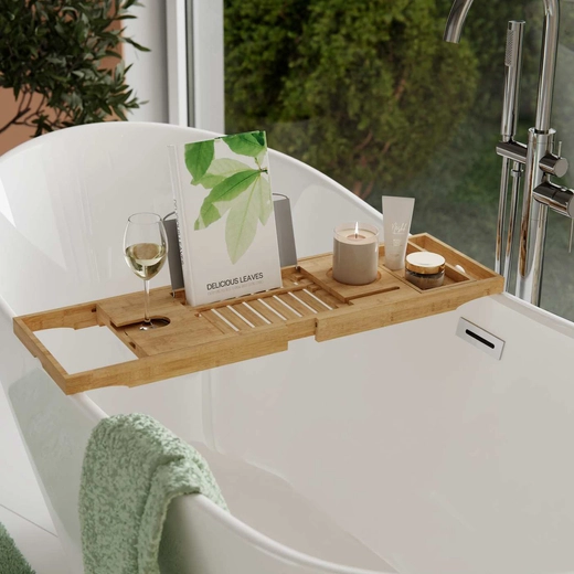 Bamboo extendable bathtub shelf with phone holder, glass holder and adjustable support